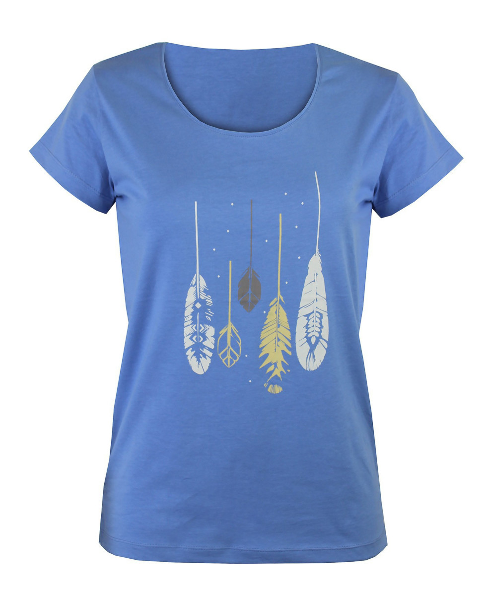 Tee-shirt bleu TEEF4006A col rond sérigraphie coton femme