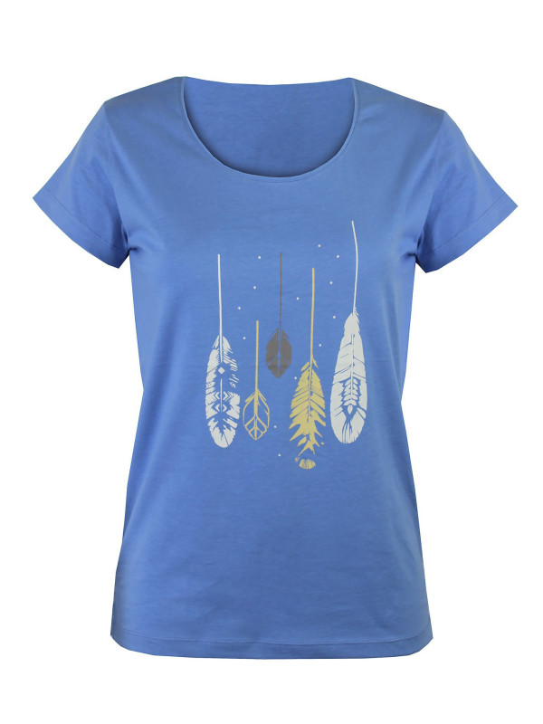 Tee-shirt bleu TEEF4006A col rond sérigraphie coton femme