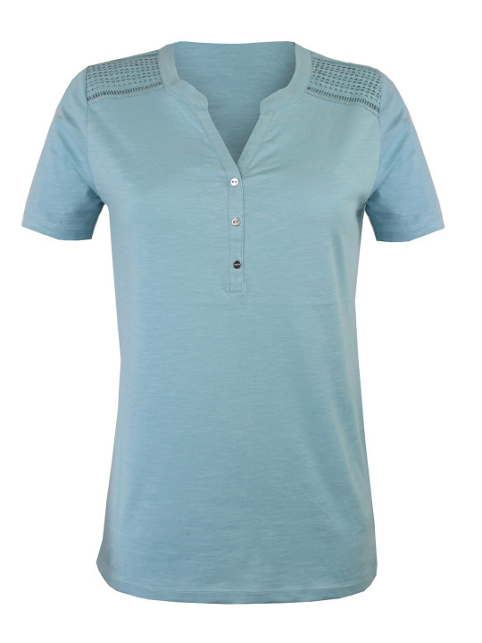 Tee-shirt bleu TEEF4011B macramé épaules coton femme