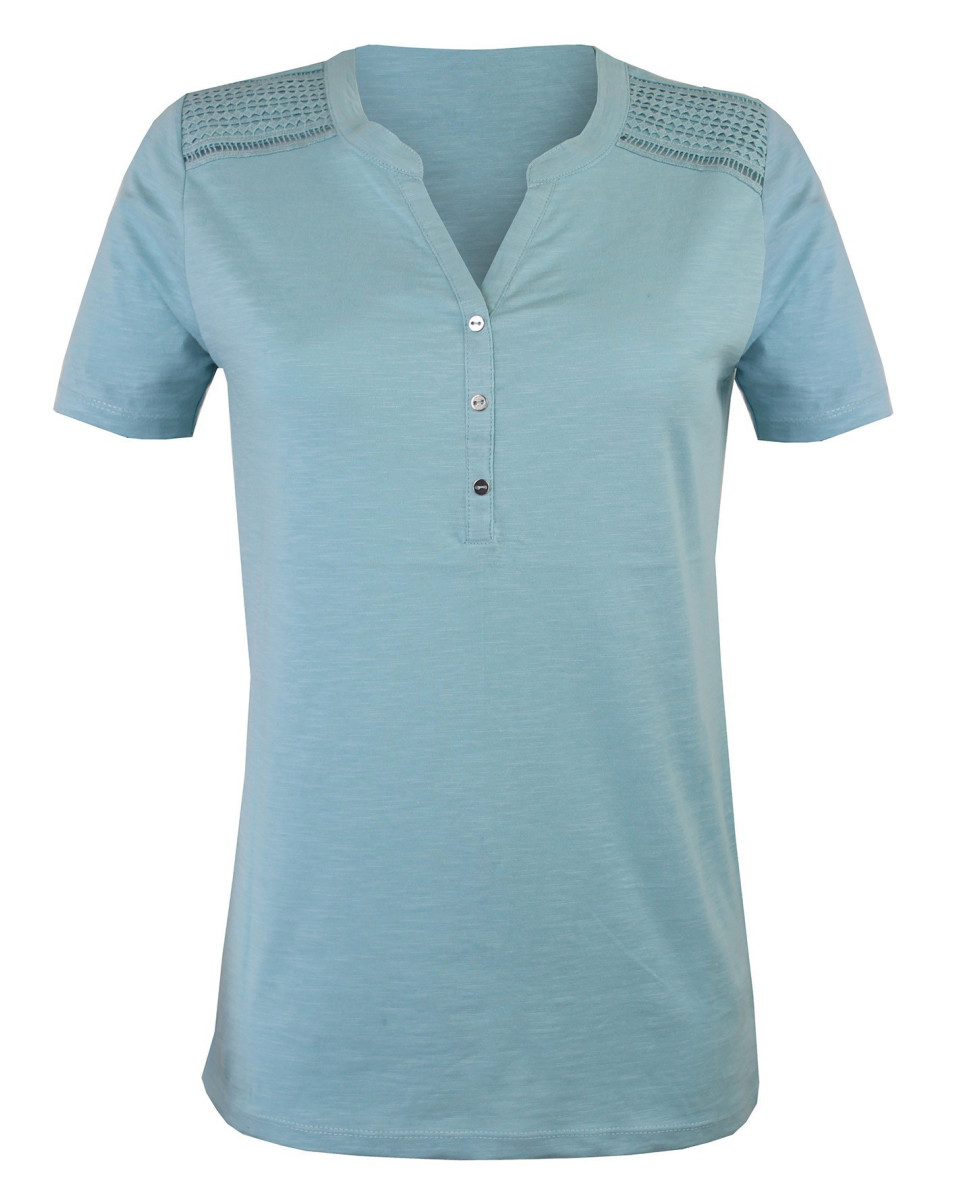 Tee-shirt bleu TEEF4011B macramé épaules coton femme