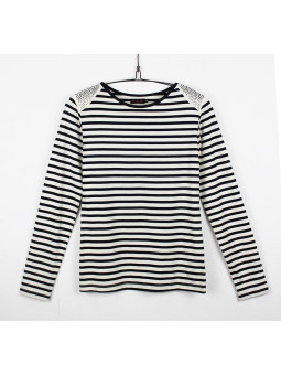 Tee-shirt femme rayé écru, clous fantaisie – Coton acrylique