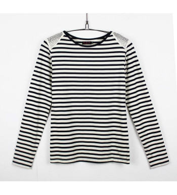 Tee-shirt femme rayé écru, clous fantaisie – Coton acrylique