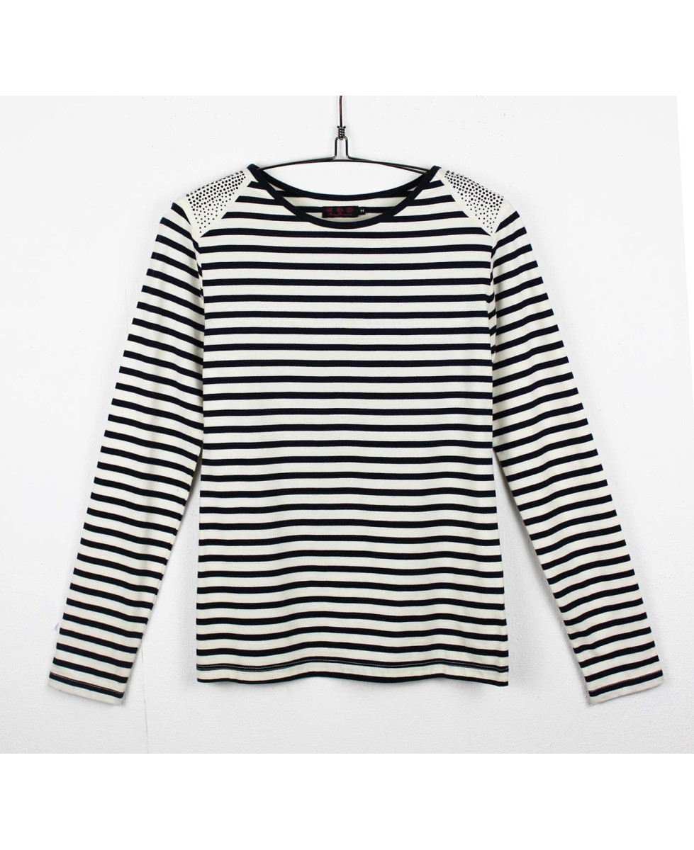 Tee-shirt femme rayé écru, clous fantaisie – Coton acrylique