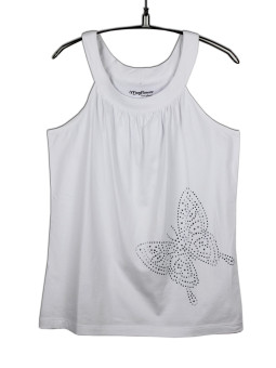 Débardeur blanc femme plissé papillon strass en coton