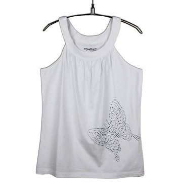 Débardeur blanc femme plissé papillon strass en coton