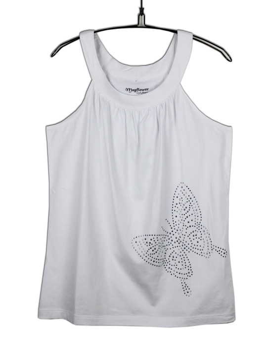 Débardeur blanc femme plissé papillon strass en coton