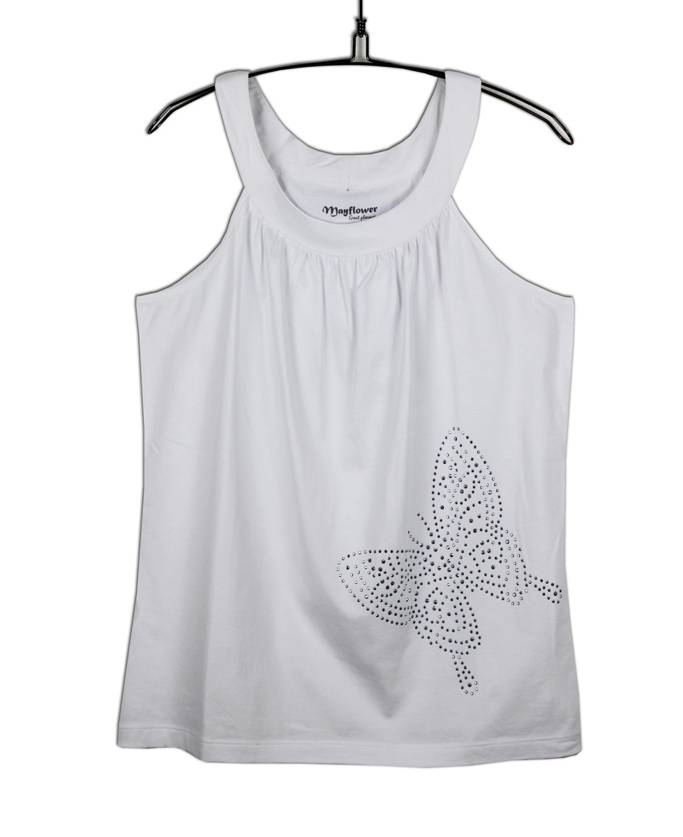 Débardeur blanc femme plissé papillon strass en coton