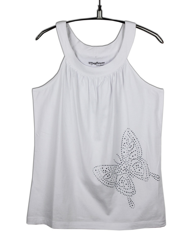 Débardeur blanc femme plissé papillon strass en coton