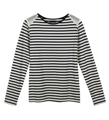 Tee-shirt rayé strass femme – Manches longues, coton acrylique