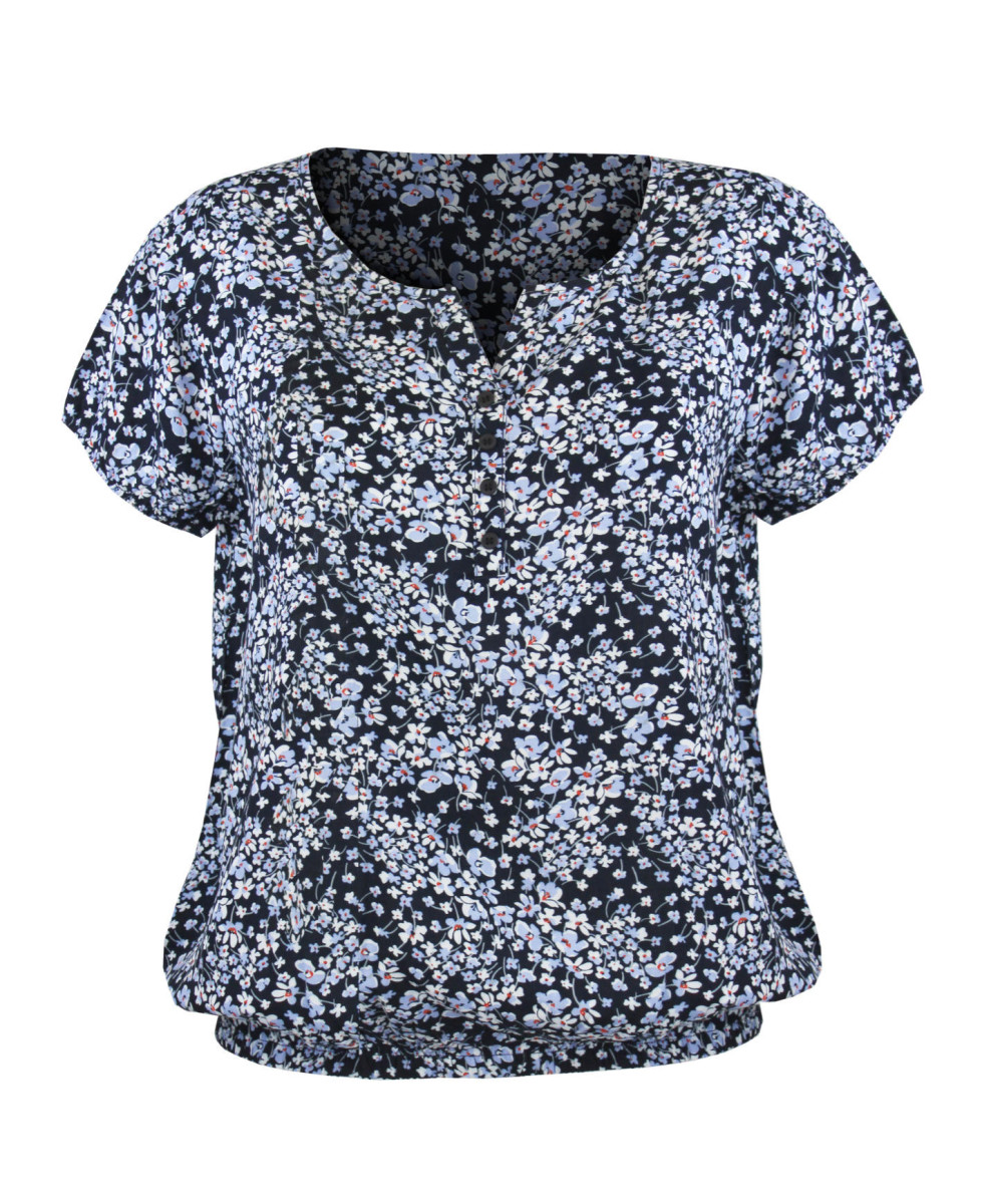 Chemisier bleu fleuri femme – Viscose, manches courtes, boutons