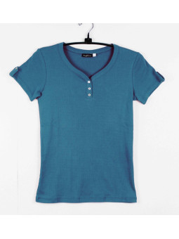 Tee-shirt bleu VITA2 côtelé boutons nacrés coton femme