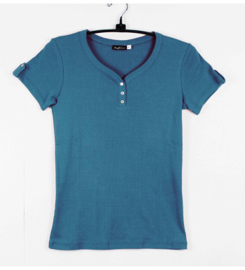 Tee-shirt bleu VITA2 côtelé boutons nacrés coton femme
