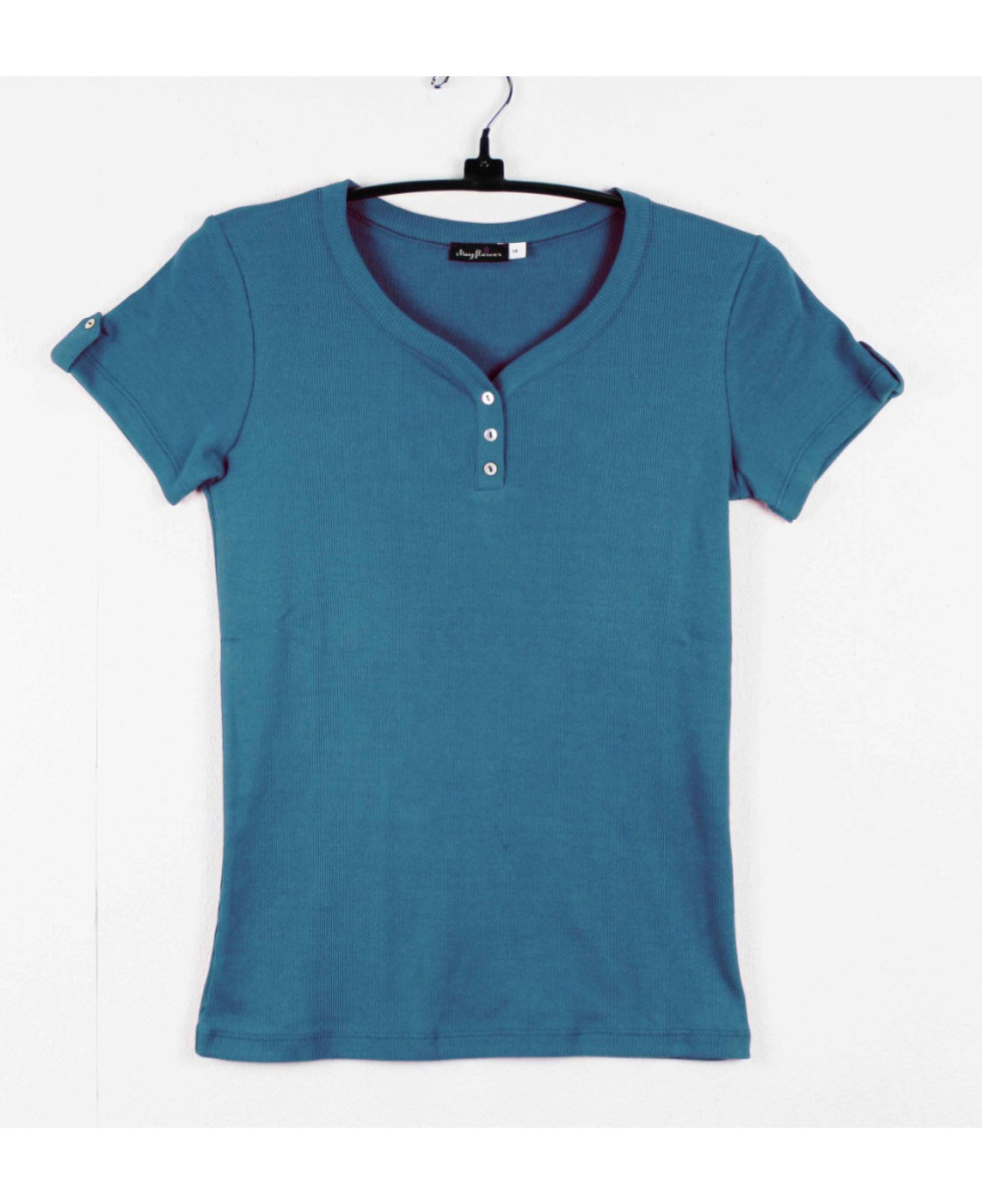 Tee-shirt bleu VITA2 côtelé boutons nacrés coton femme