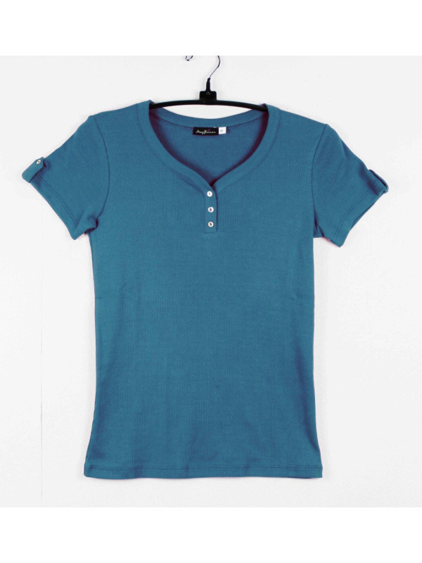 Tee-shirt bleu VITA2 côtelé boutons nacrés coton femme