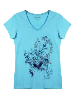 Tee-shirt bleu VIVA2 col V sérigraphie coton femme
