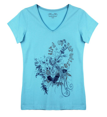 Tee-shirt bleu VIVA2 col V sérigraphie coton femme