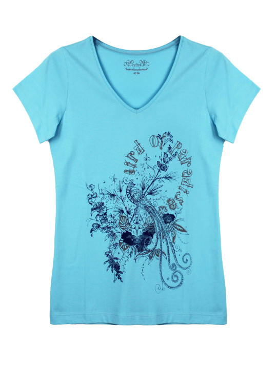 Tee-shirt bleu VIVA2 col V sérigraphie coton femme