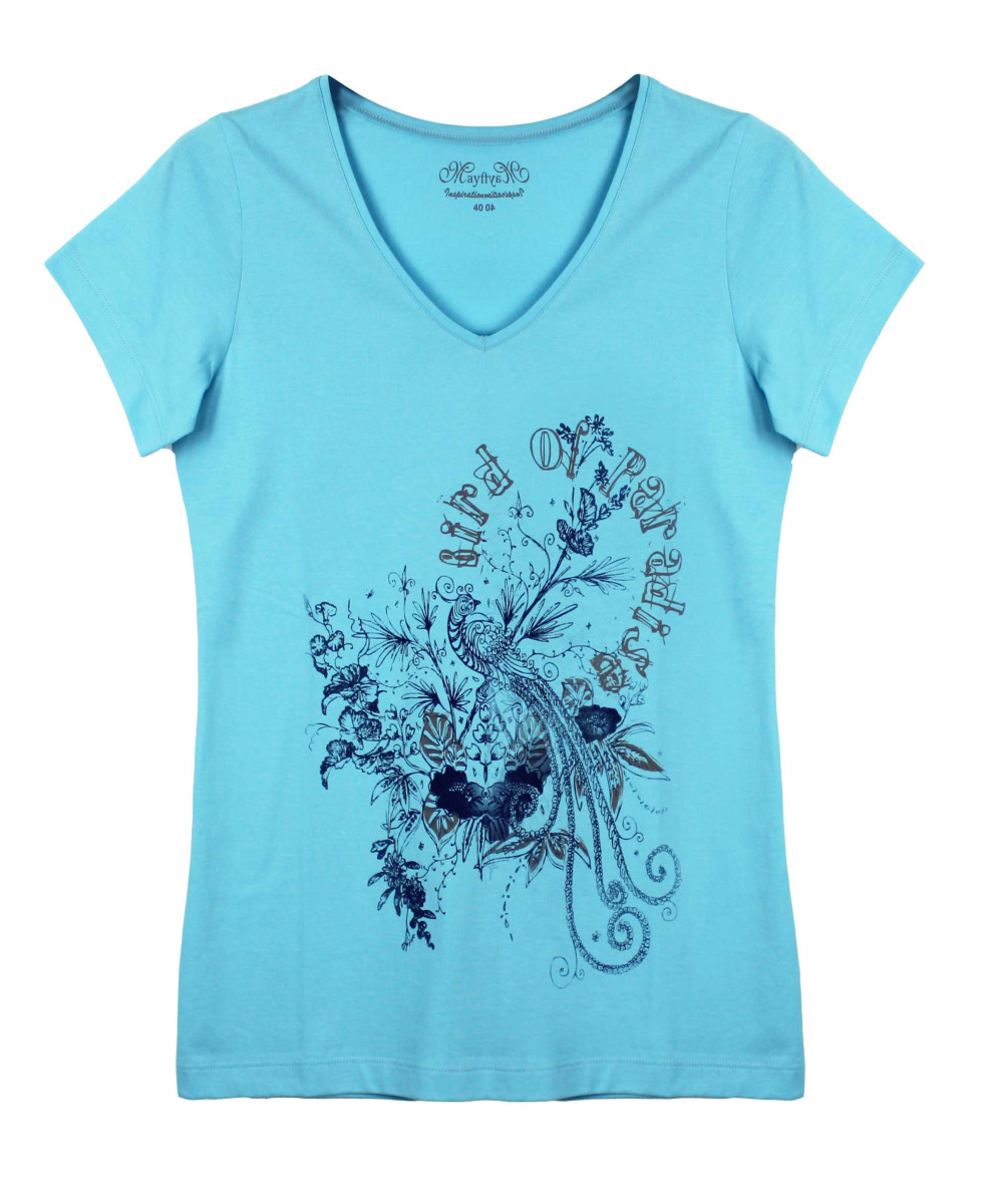 Tee-shirt bleu VIVA2 col V sérigraphie coton femme