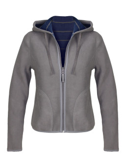 Veste polaire femme bleu/gris – Capuche, poche, intérieur rayé
