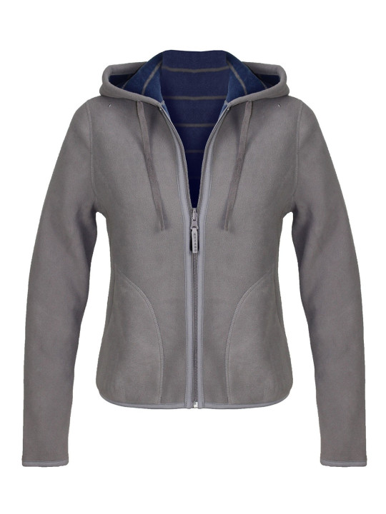 Veste polaire femme bleu/gris – Capuche, poche, intérieur rayé