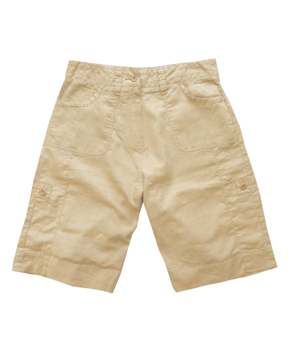 Pantacourt beige coton lin femme – Léger, 2 poches, détail bouton