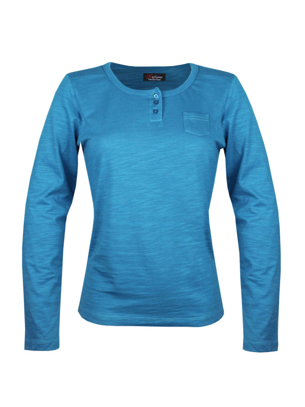 Tee-shirt bleu CHINA4B col rond boutonné manches longues femme