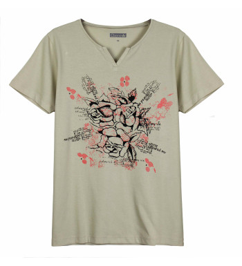 Tee-shirt beige ERABLE1B col fantaisie sérigraphie