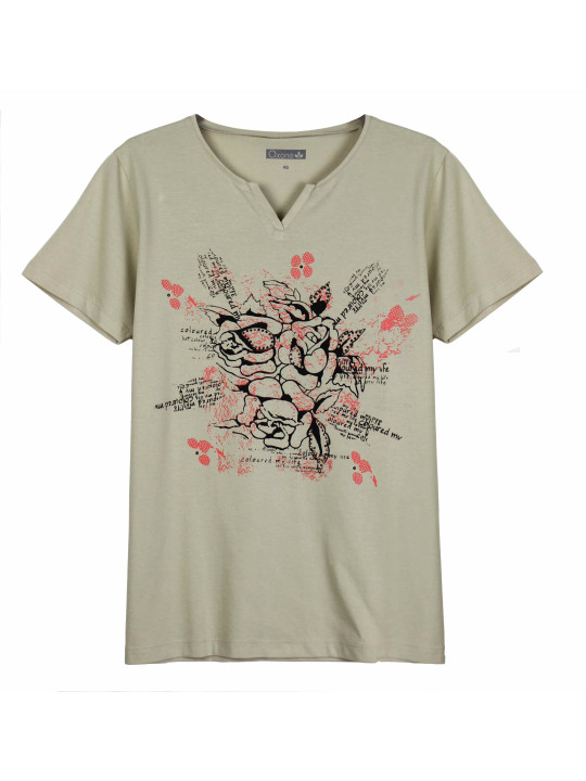 Tee-shirt beige ERABLE1B col fantaisie sérigraphie