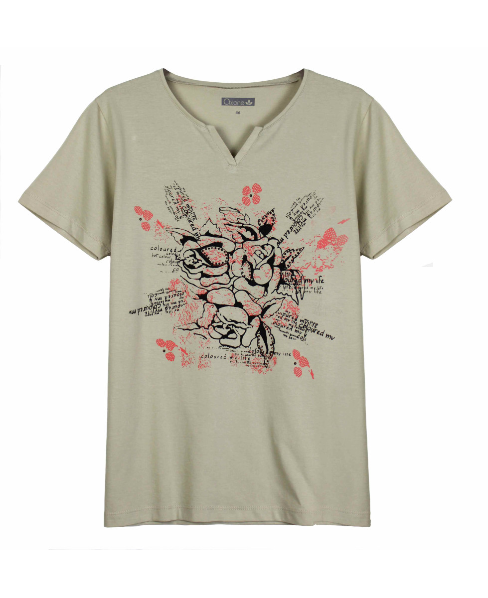 Tee-shirt beige ERABLE1B col fantaisie sérigraphie