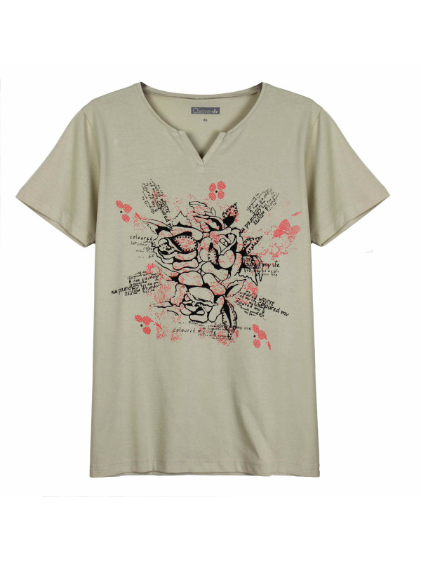 Tee-shirt beige ERABLE1B col fantaisie sérigraphie