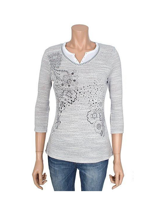 Pull femme manches 3/4 KA9542A gris/blanc – Motif fantaisie