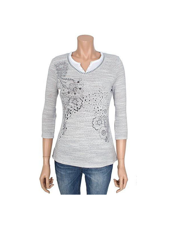 Pull femme manches 3/4 KA9542A gris/blanc – Motif fantaisie