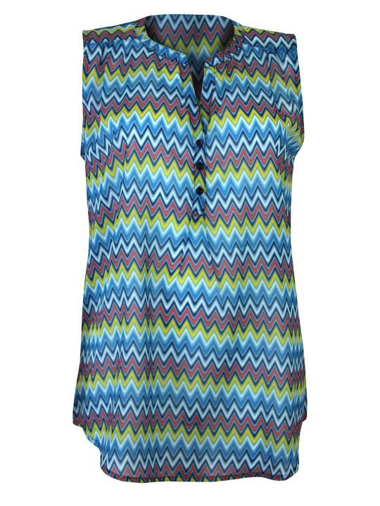 Débardeur imprimé bleu/vert/rouge femme – Viscose, col 3 boutons