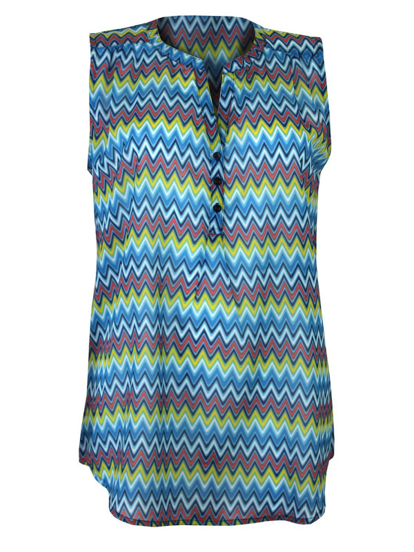 Débardeur imprimé bleu/vert/rouge femme – Viscose, col 3 boutons