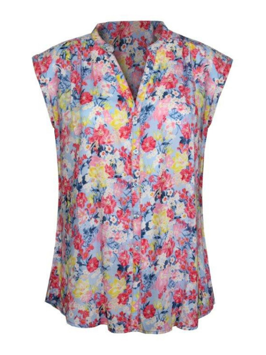 Chemisier fleuri sans manches femme – Viscose rose/bleu/jaune