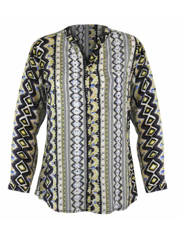 Chemisier imprimé gris/jaune femme – Viscose, col rond, boutons