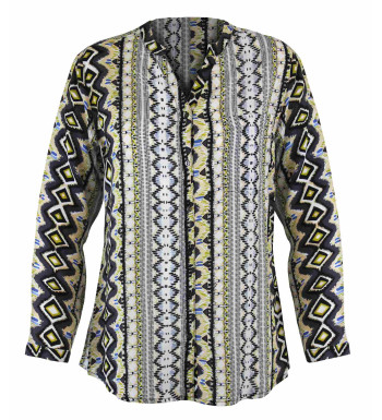 Chemisier imprimé gris/jaune femme – Viscose, col rond, boutons