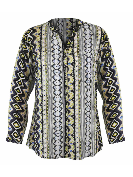 Chemisier imprimé gris/jaune femme – Viscose, col rond, boutons