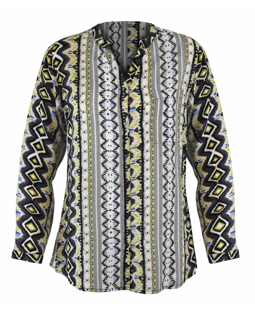 Chemisier imprimé gris/jaune femme – Viscose, col rond, boutons