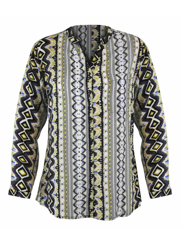 Chemisier imprimé gris/jaune femme – Viscose, col rond, boutons