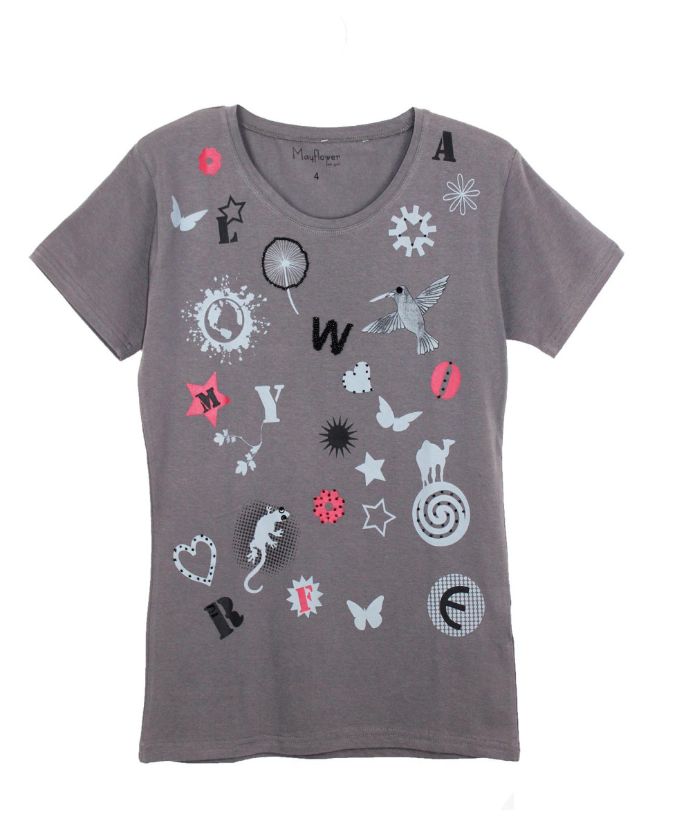 Tee-shirt gris SE1152G motif fantaisie coton femme