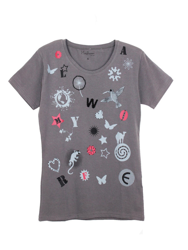 Tee-shirt gris SE1152G motif fantaisie coton femme