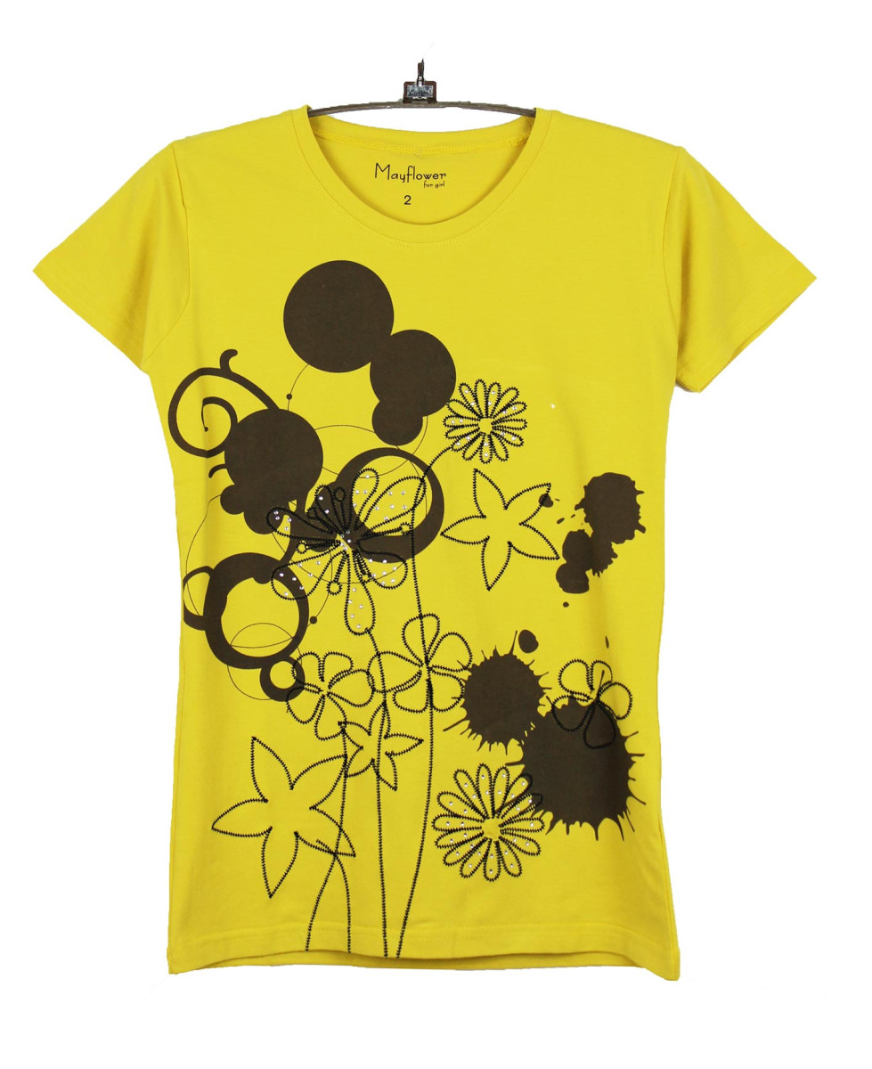 Tee-shirt jaune SE1153J motif fantaisie coton femme