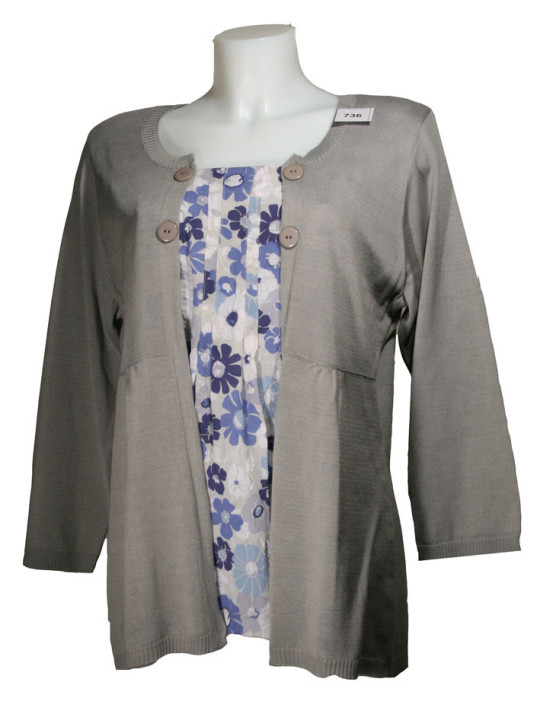 Pull gris femme effet 2 en 1 – Fleurie & boutons fantaisie