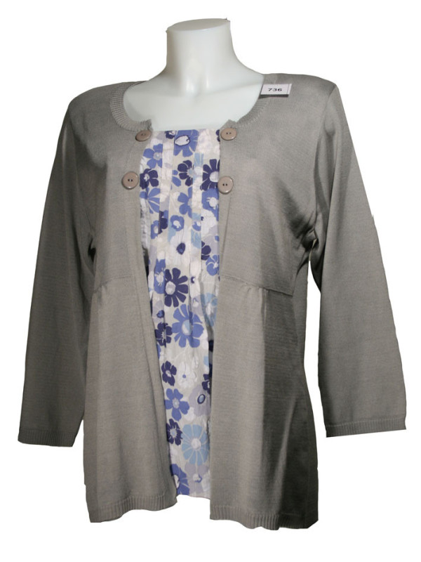 Pull gris femme effet 2 en 1 – Fleurie & boutons fantaisie