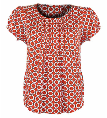 Chemisier fleuri plissé femme – Rouge/blanc, manches courtes, viscose