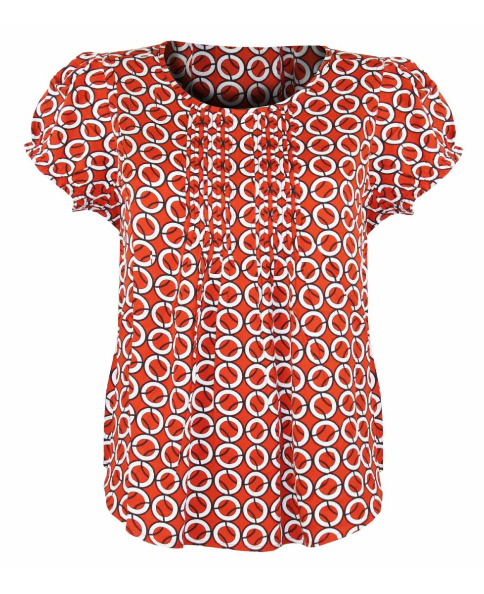 Chemisier fleuri plissé femme – Rouge/blanc, manches courtes, viscose