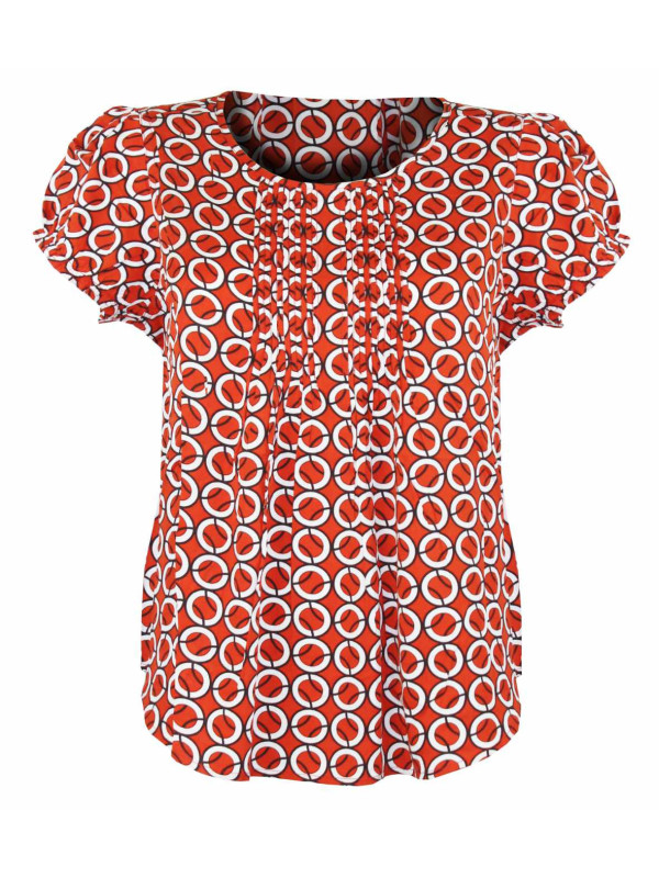 Chemisier fleuri plissé femme – Rouge/blanc, manches courtes, viscose