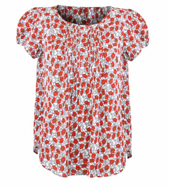 Chemisier plissé fleuri femme – Rouge/gris, manches courtes, viscose