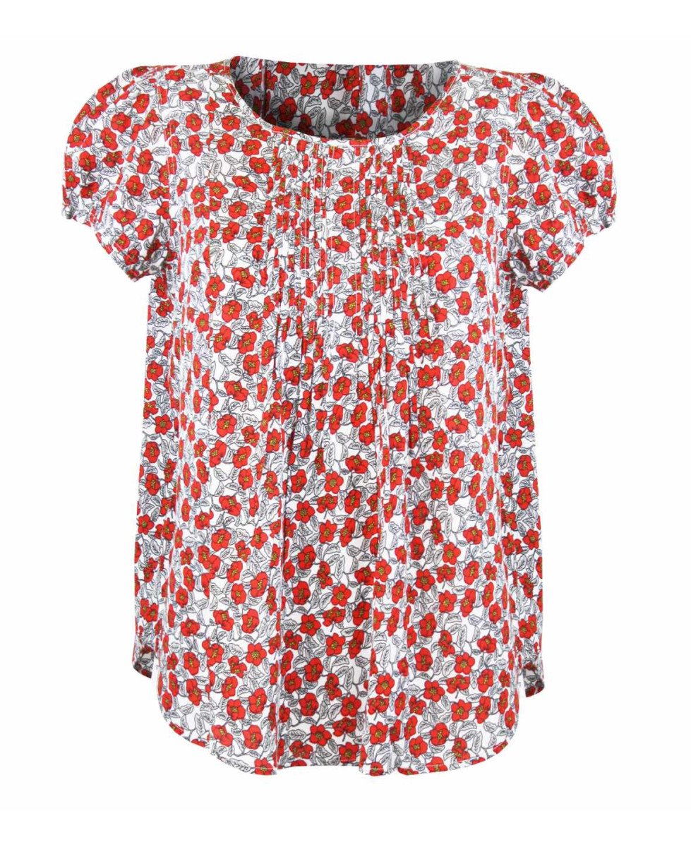 Chemisier plissé fleuri femme – Rouge/gris, manches courtes, viscose